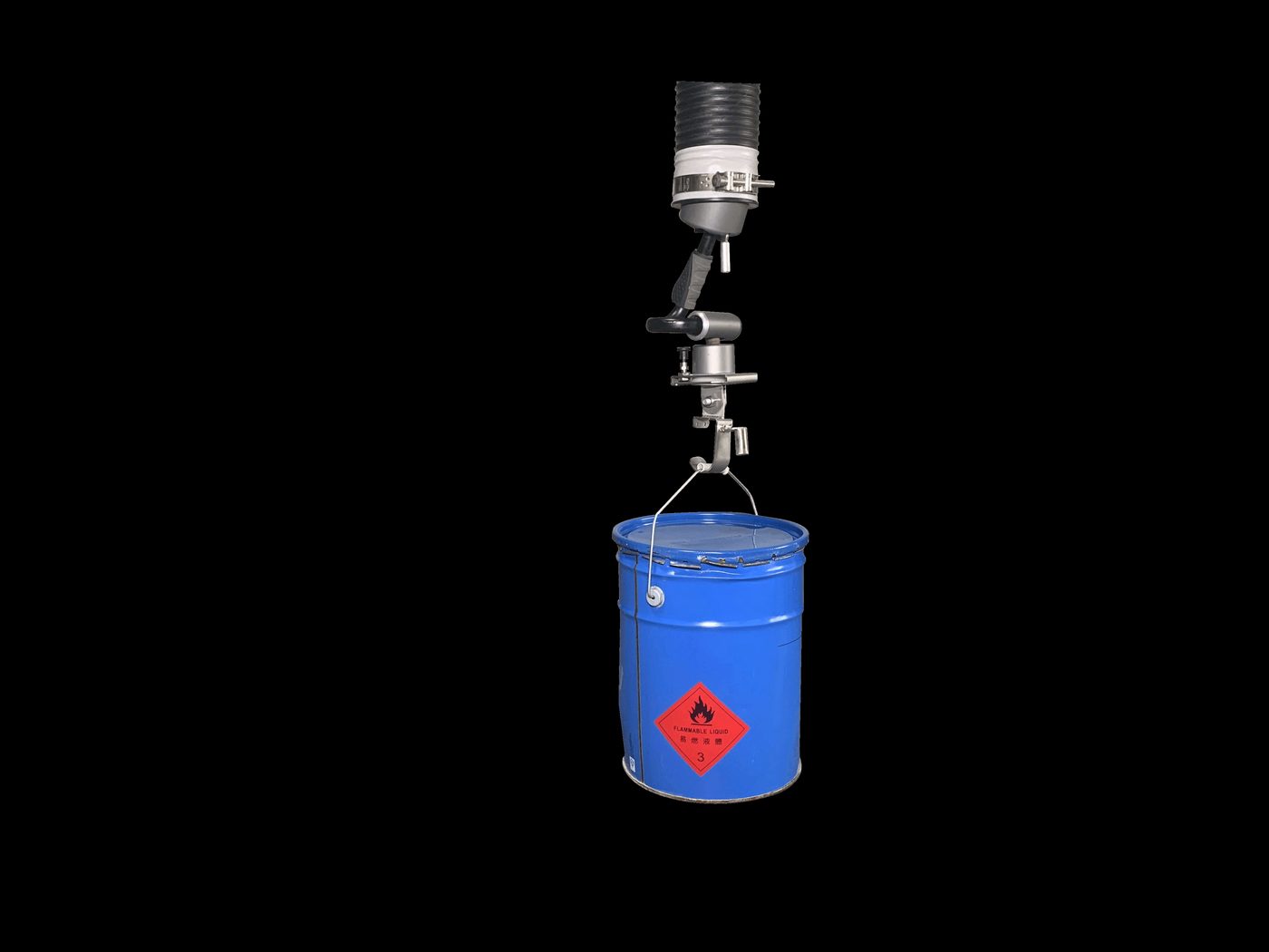 Vacuum tube lifter lifting a steel drum with a drum hook