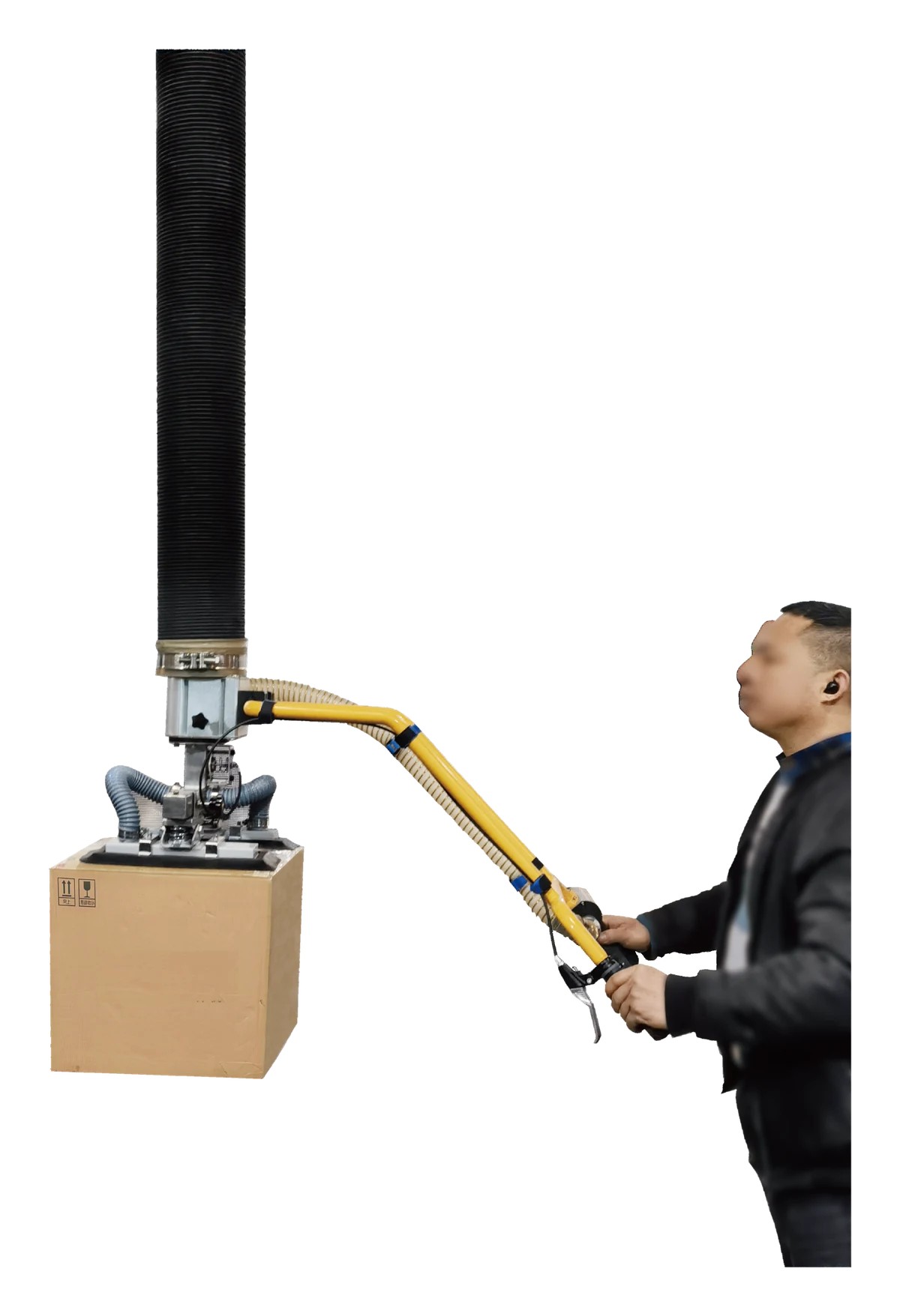 Two-handle ESL-MD vacuum tube lifter lifting a carton